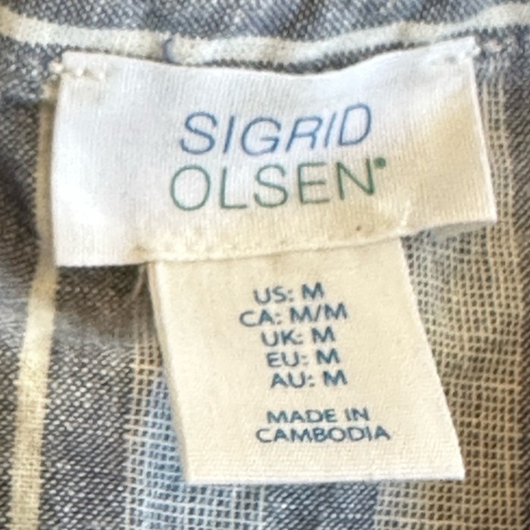 Sigrid Olsen | White & Blue Striped Linen Blend Short Sleeve Pop-Over Blouse - Picture 3 of 7
